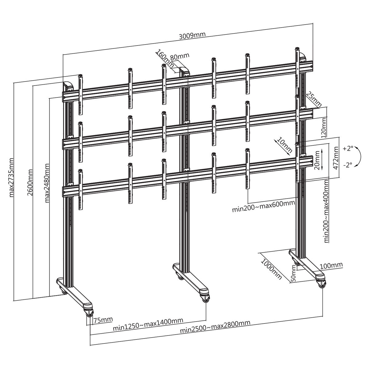 Dibujo técnico de un soporte de TV, mostrando dimensiones y detalles de construcción.