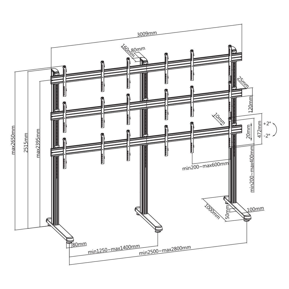 Dibujo técnico de un soporte multi-monitor, con dimensiones y etiquetas en negro.