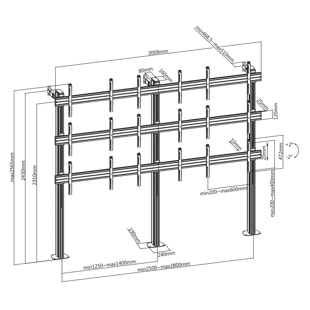 Dibujo técnico de una estructura con múltiples barras horizontales y soportes verticales, con dimensiones.