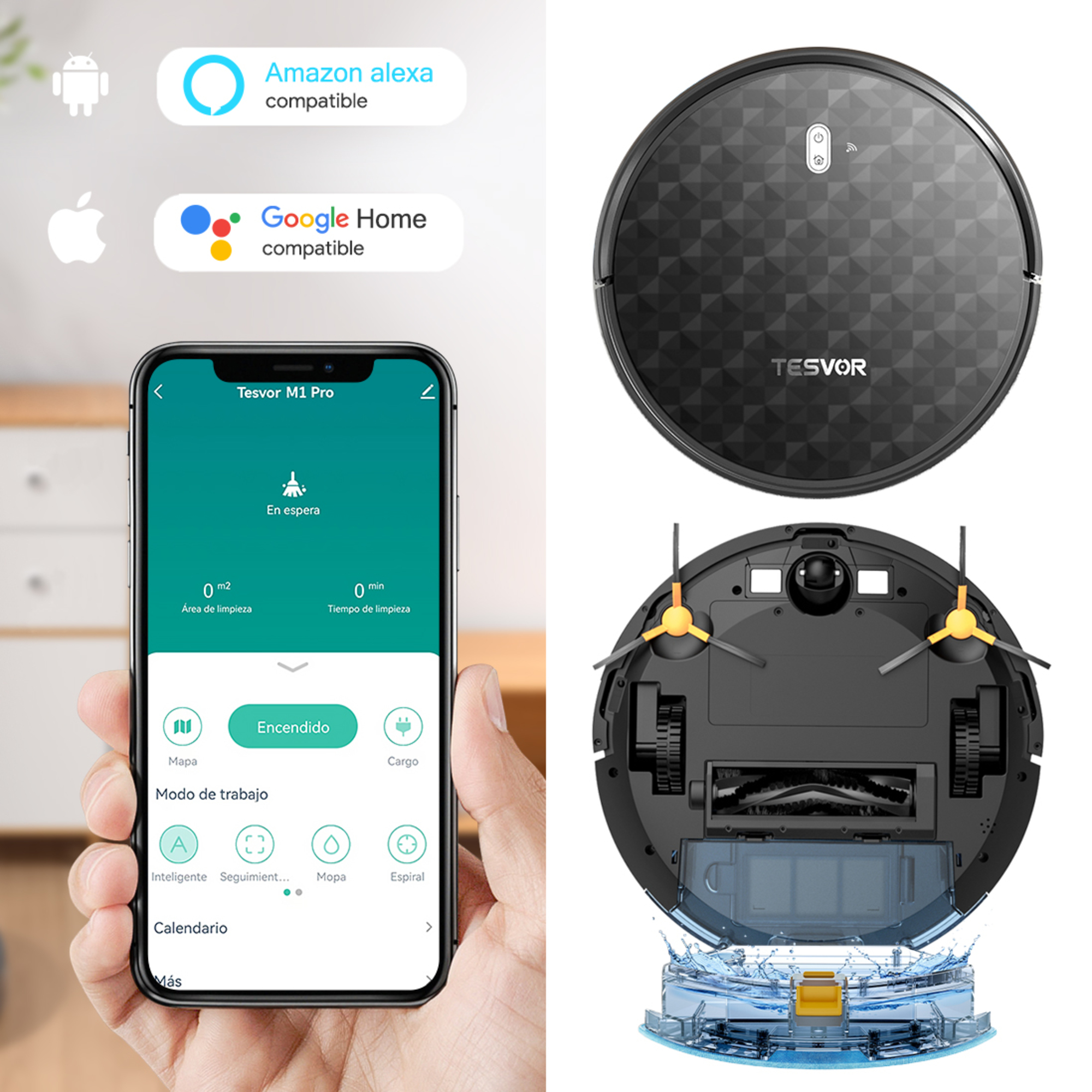 Roboter-Staubsauger, Telefon mit App und Icons mit Funktionen.