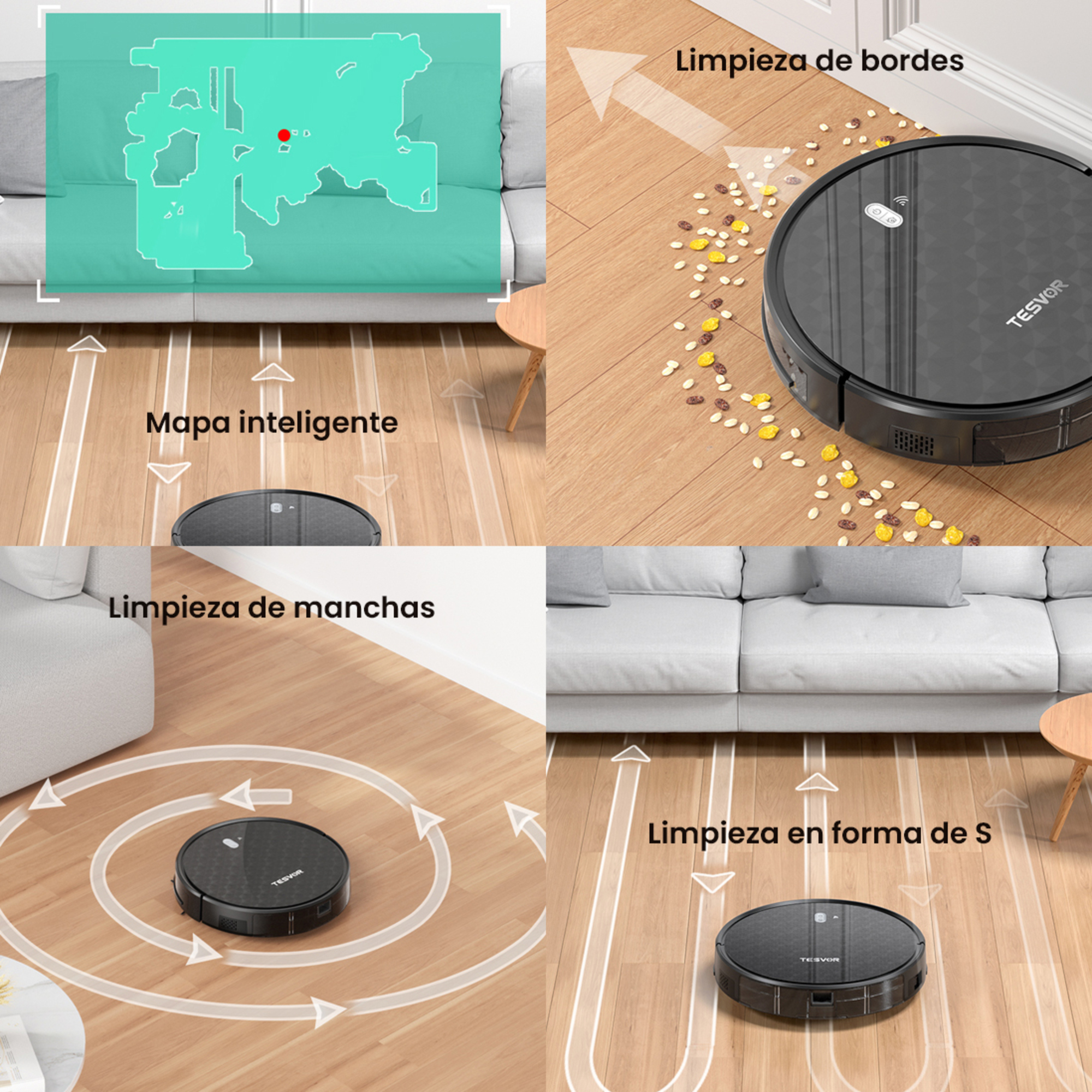 Diagramm, das die Reinigung eines Roboter-Staubsaugers zeigt, mit Beschriftungen wie 'Smart Map' und 'S-förmige Reinigung'.