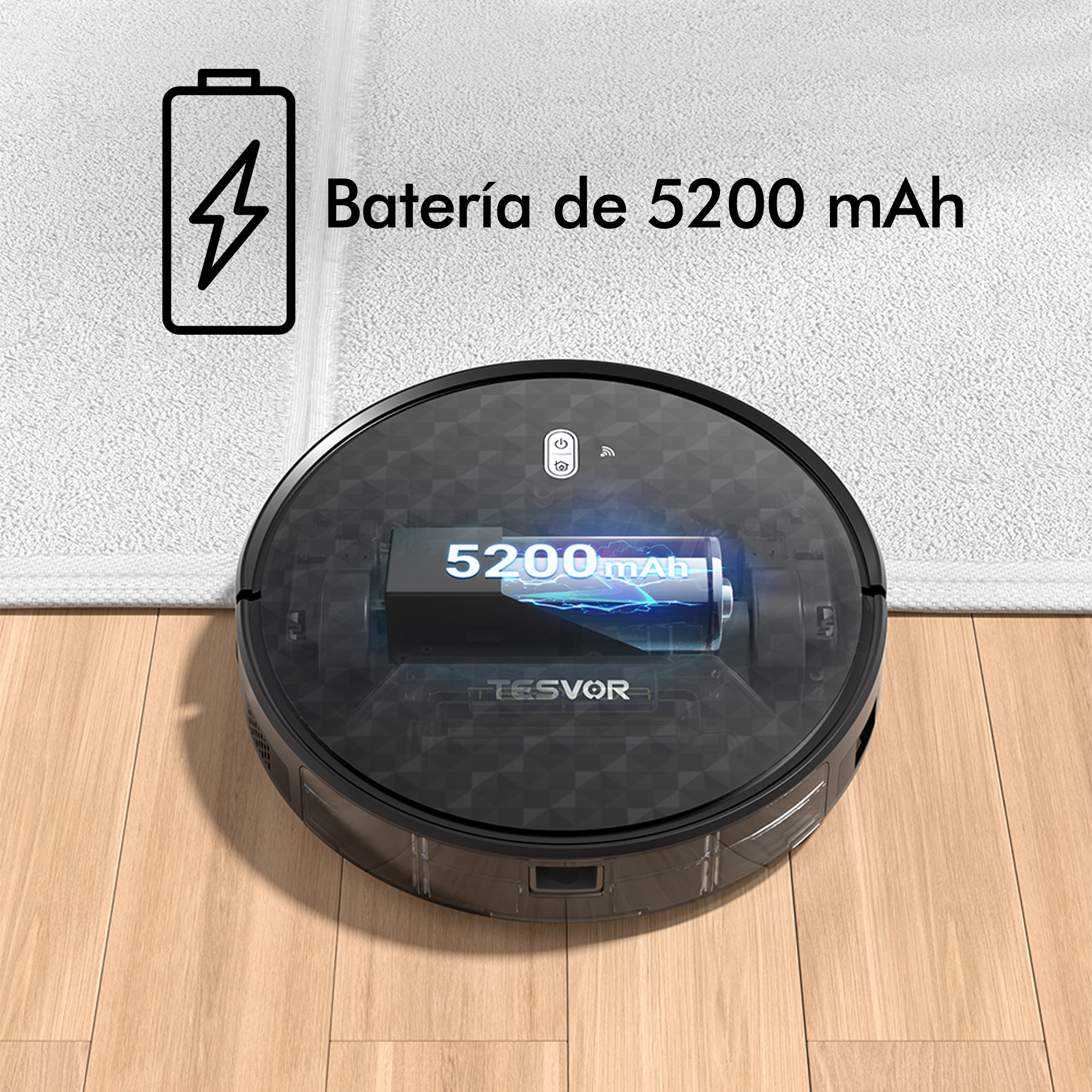Schwarzer Roboter-Staubsauger auf Holzboden und weißem Teppich. Batteriedetails werden angezeigt.