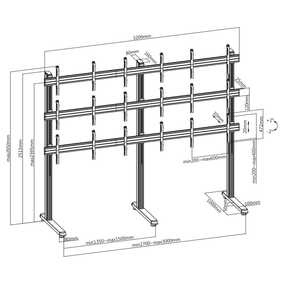 Diagrama de soporte TV metálico. Dimensiones y etiquetas con medidas en mm.