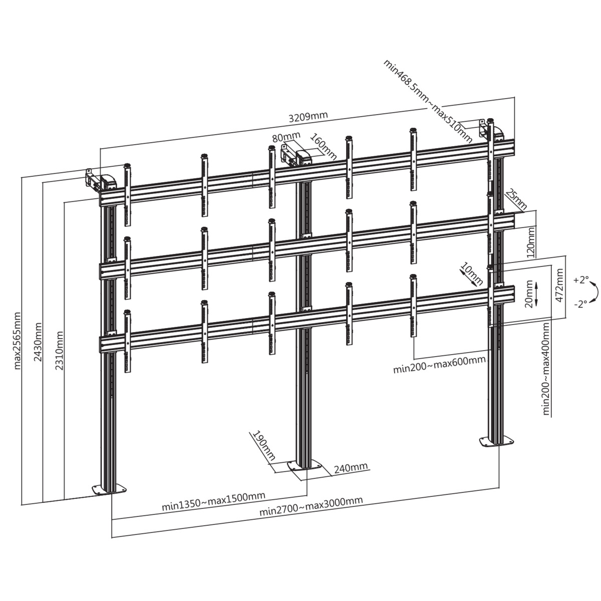 Un dibujo técnico 3D de un soporte de monitor. Muestra dimensiones y medidas con múltiples pantallas.