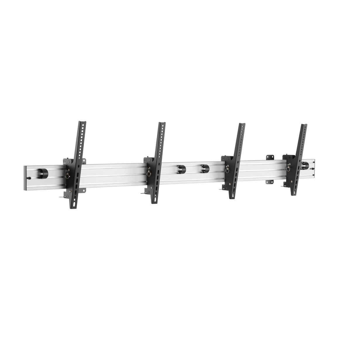 Un soporte metálico para montar televisores. Tiene múltiples soportes y está montado en una pared blanca.