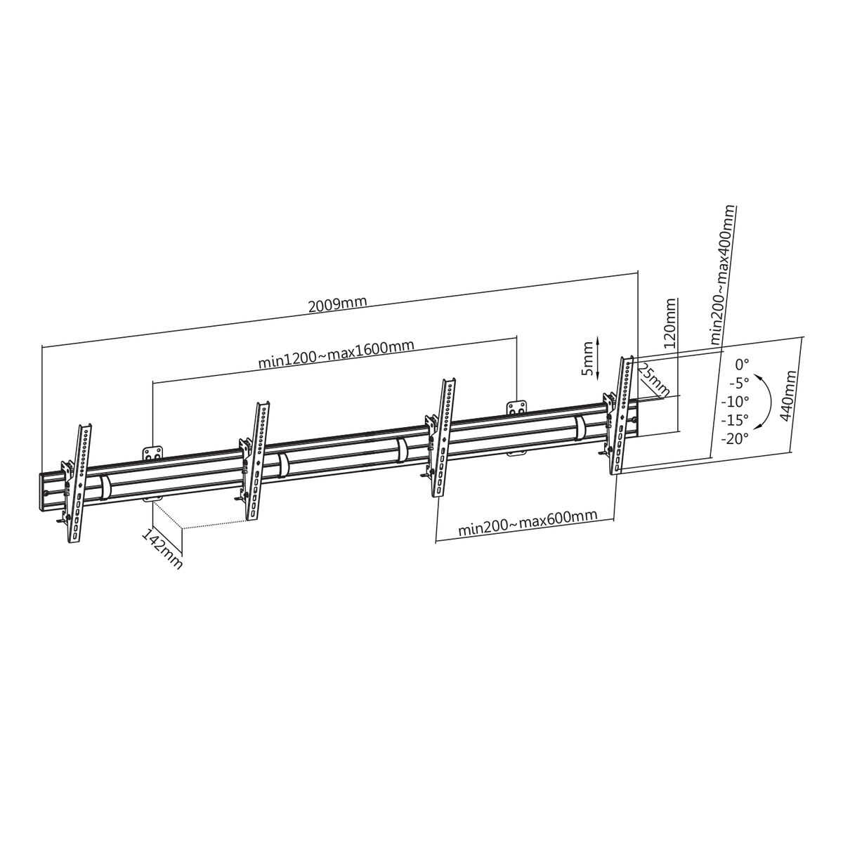 Diagrama técnico con medidas, soportes y ángulos para montar un televisor de pantalla plana.