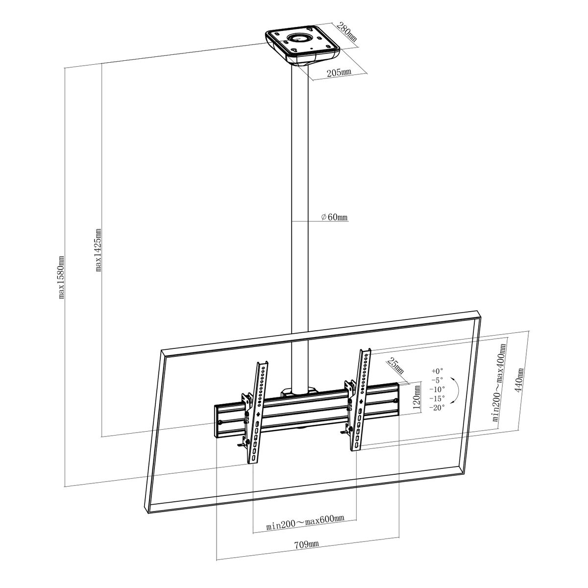 Un diagrama de un soporte de TV montado en el techo, con dimensiones y ángulos indicados.
