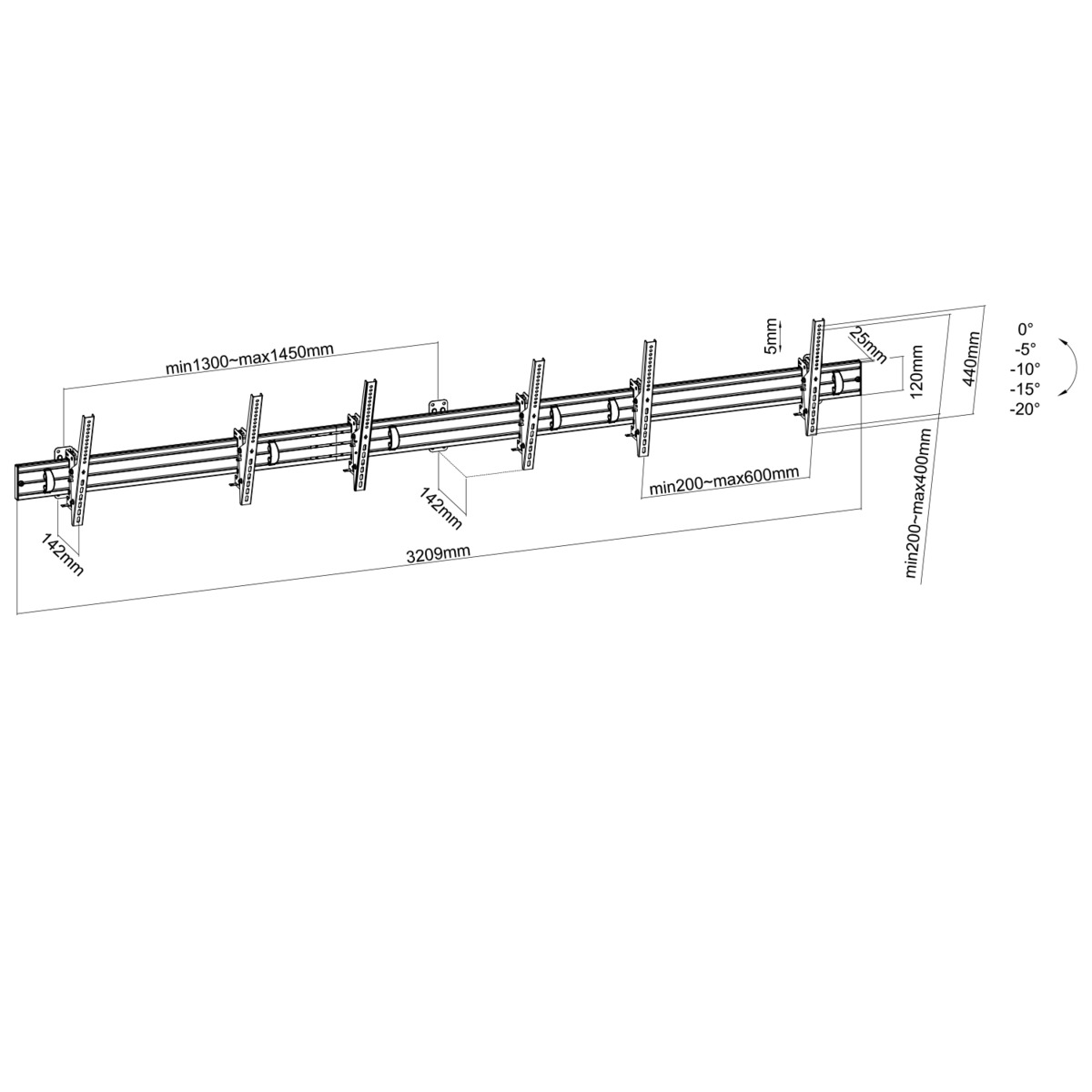 Un diagramma dettagliato di un sistema di montaggio TV con misure e angoli visualizzati, su sfondo bianco.