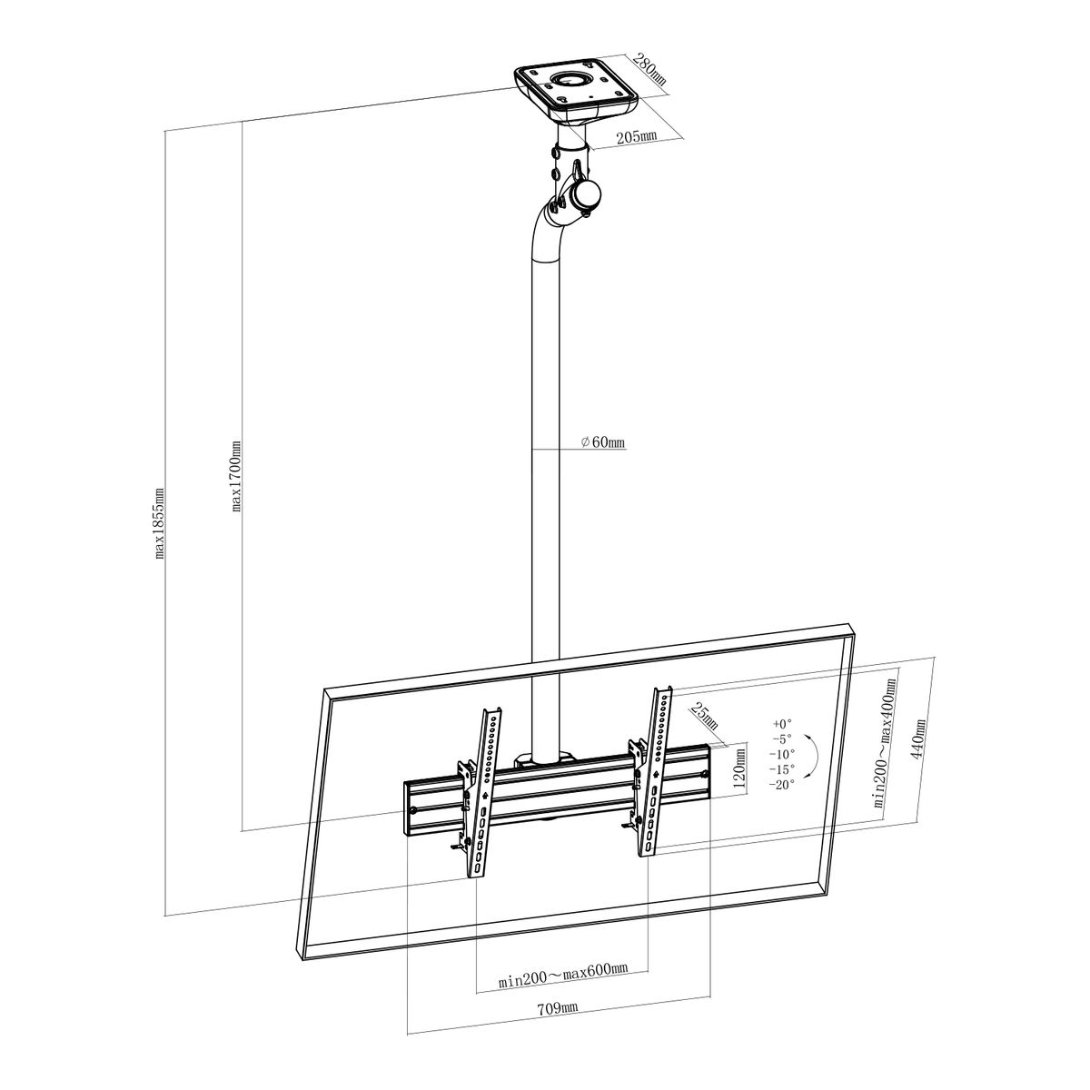 Diagrama de un soporte de TV. Muestra dimensiones y ángulos para la instalación.