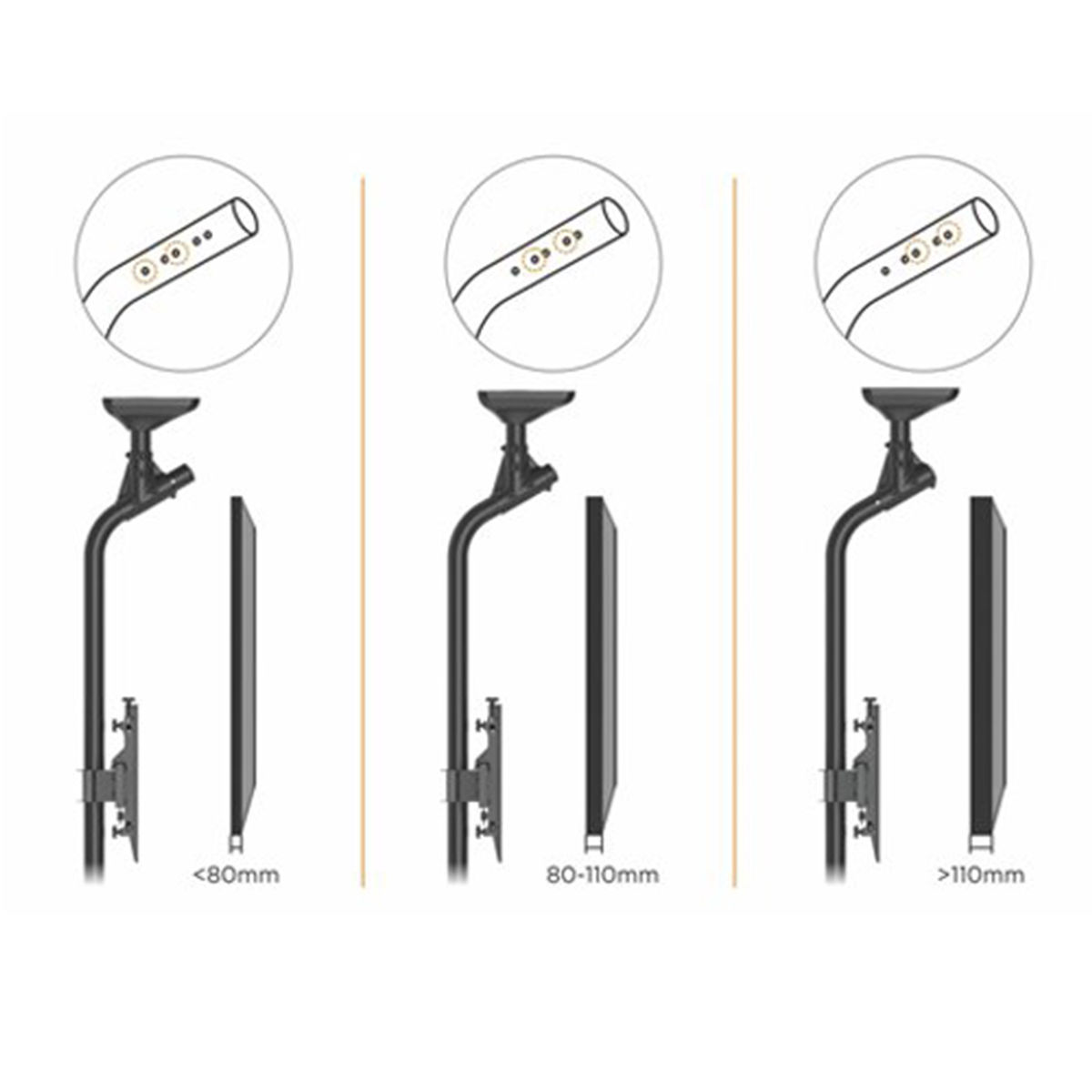 Tres diagramas muestran soportes de TV con diferentes especificaciones de distancia. Cada uno incluye un soporte y un panel.