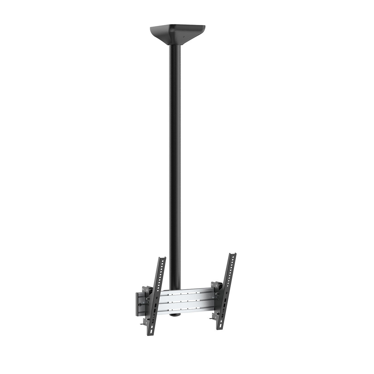Un soporte de techo negro para un televisor. El soporte tiene un poste largo y dos brazos.