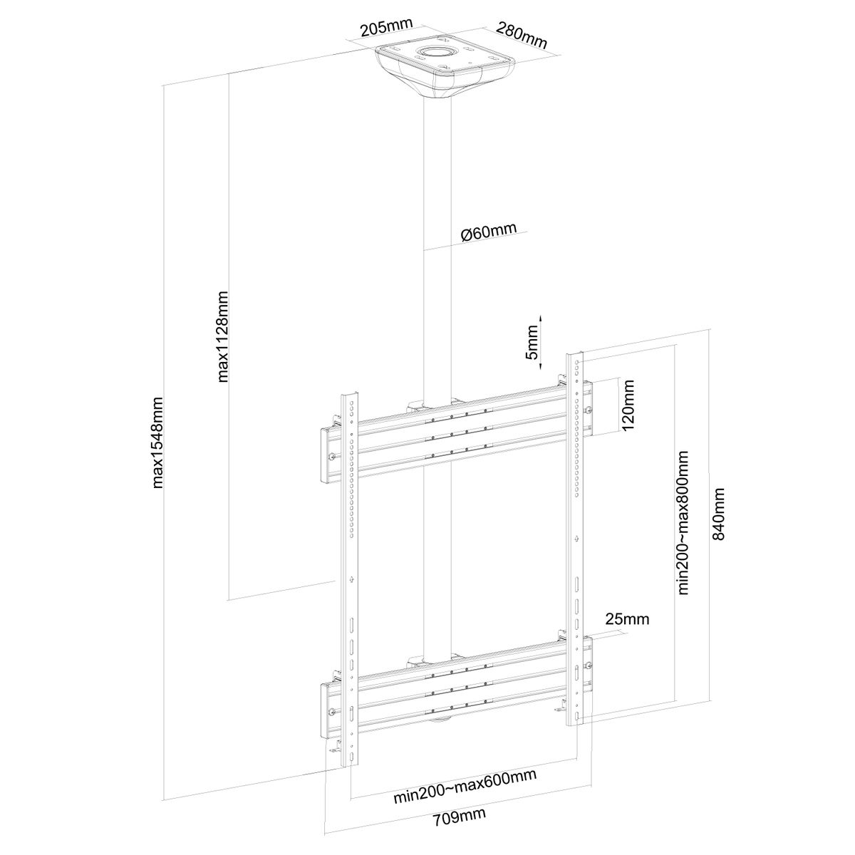 Diagramma di un supporto a soffitto per TV. Dimensioni e misure sono etichettate.