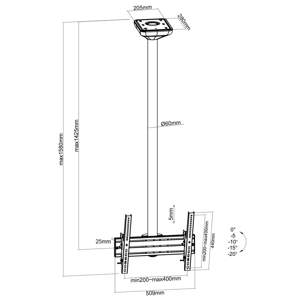 Dibujo técnico de un soporte de techo. Tiene dimensiones y medidas para la instalación.