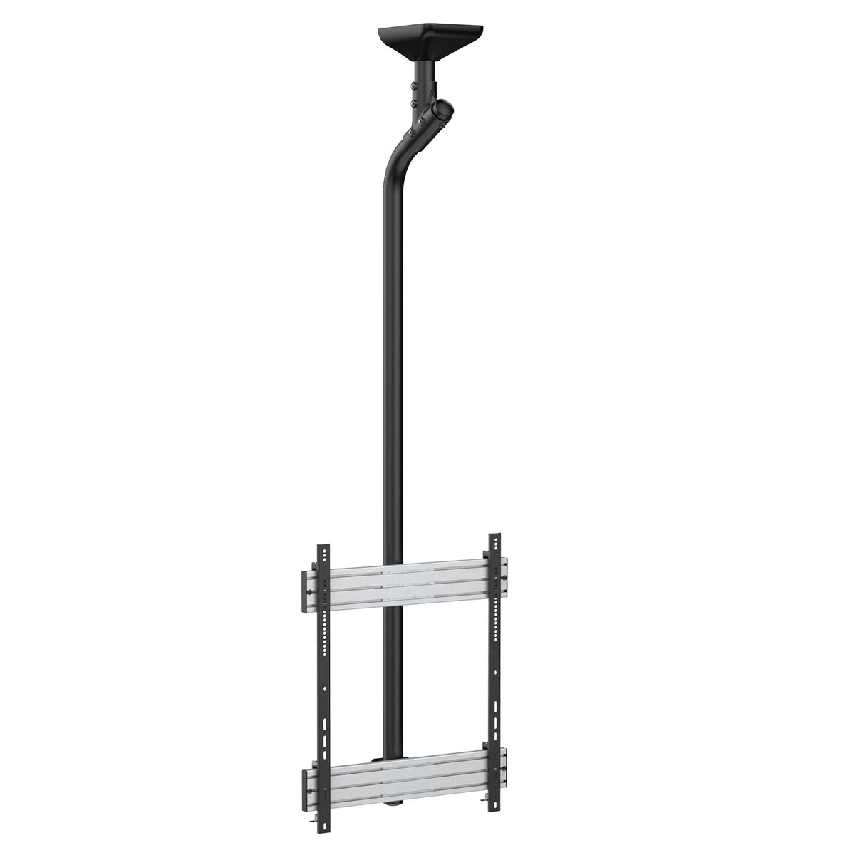 Un supporto a soffitto nero per un display, con un palo verticale e staffe orizzontali.