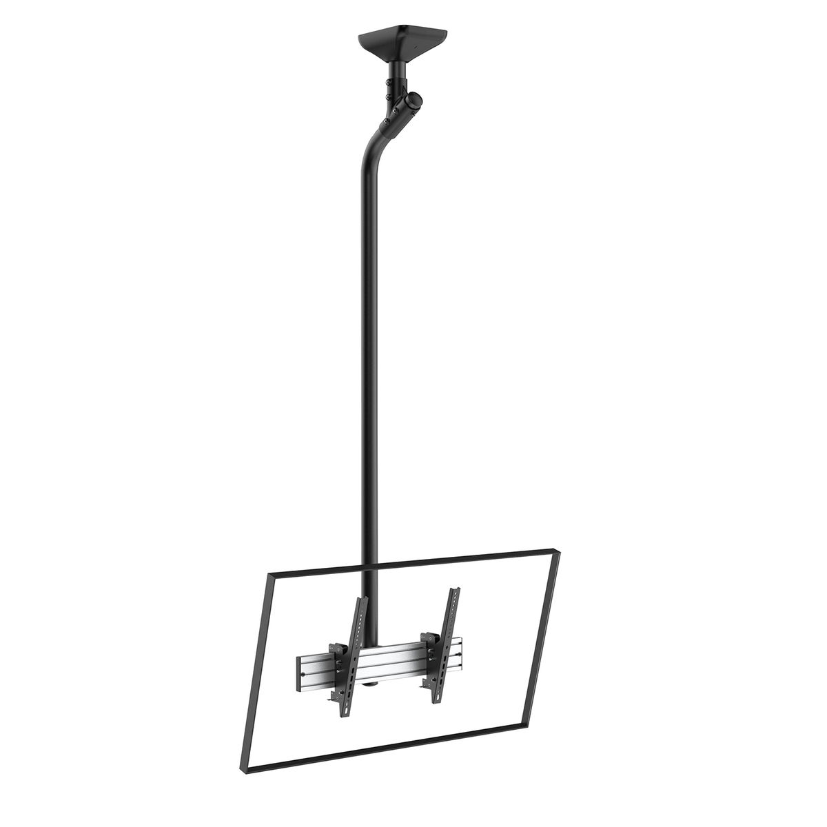 Soporte de TV negro montado en el techo que sostiene un televisor de pantalla plana. Cuelga del techo.