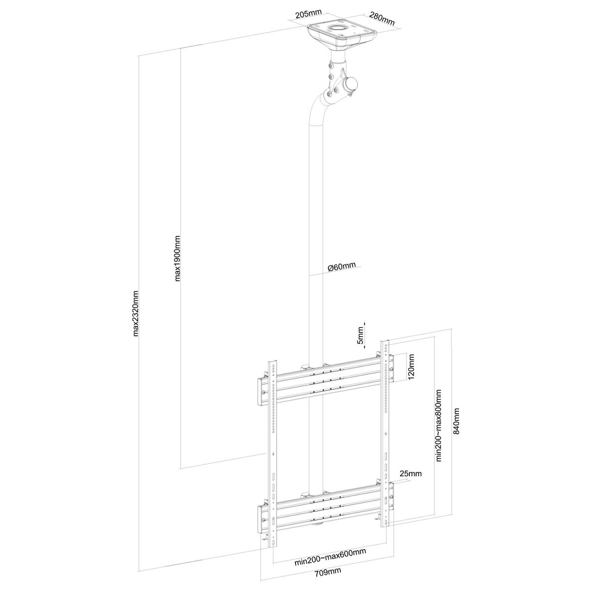 Diagramma di un supporto a soffitto per TV. Dimensioni e misure sono etichettate.