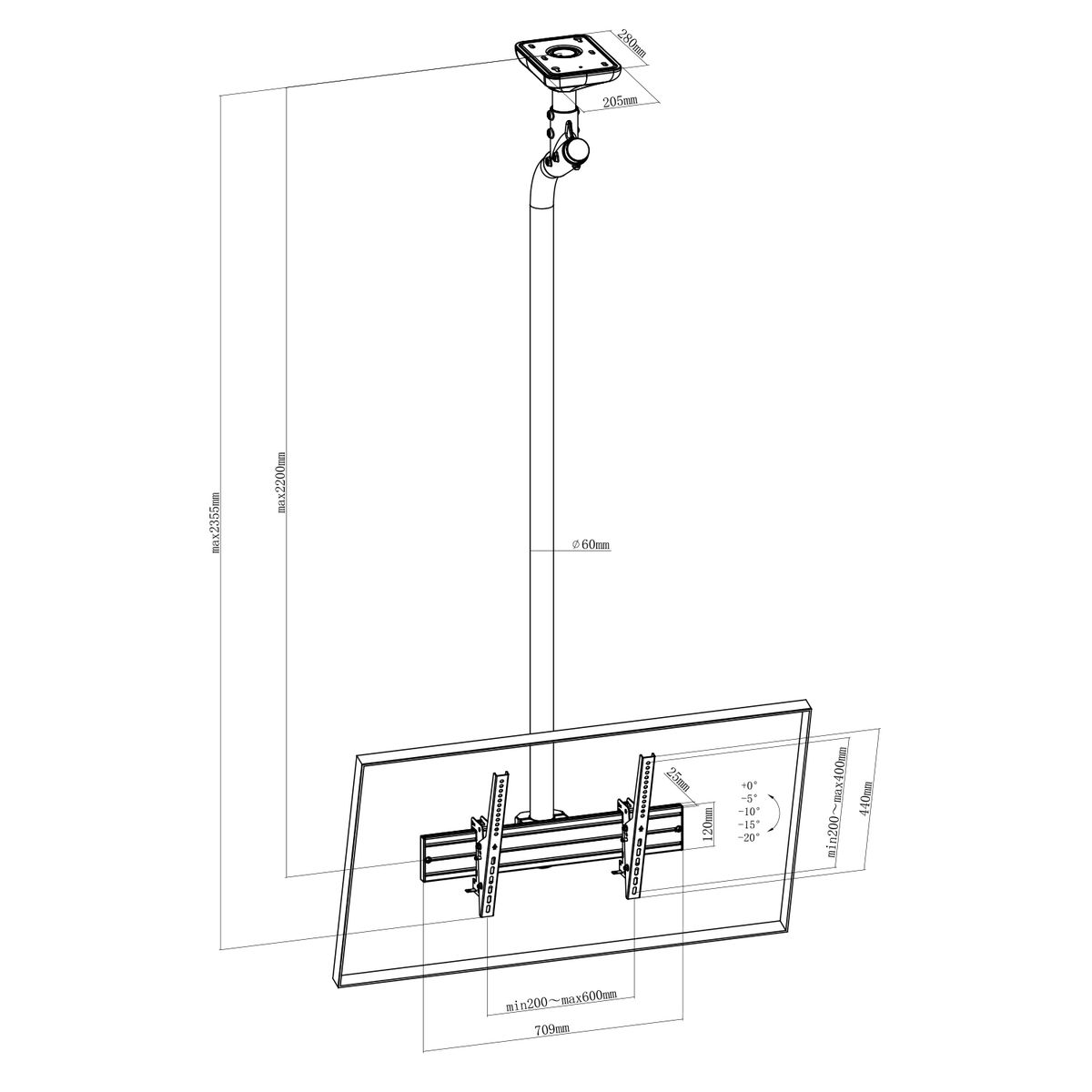 Diagrama de un soporte de TV montado en el techo. Muestra dimensiones y medidas.