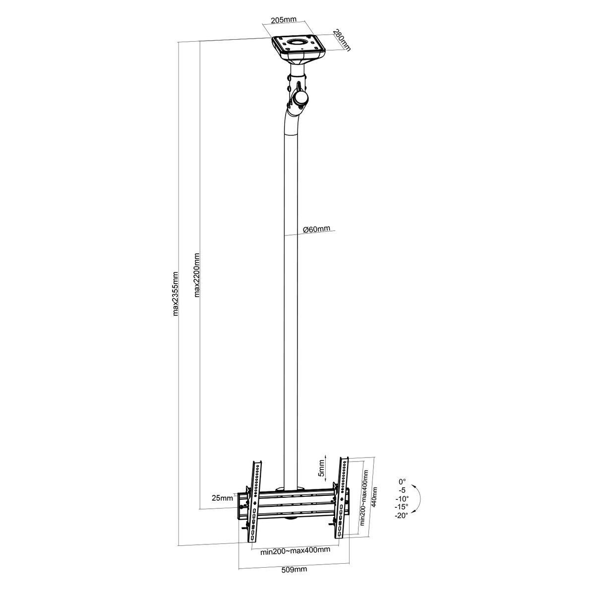 Dibujo técnico de soporte de techo para TV, con dimensiones y medidas.