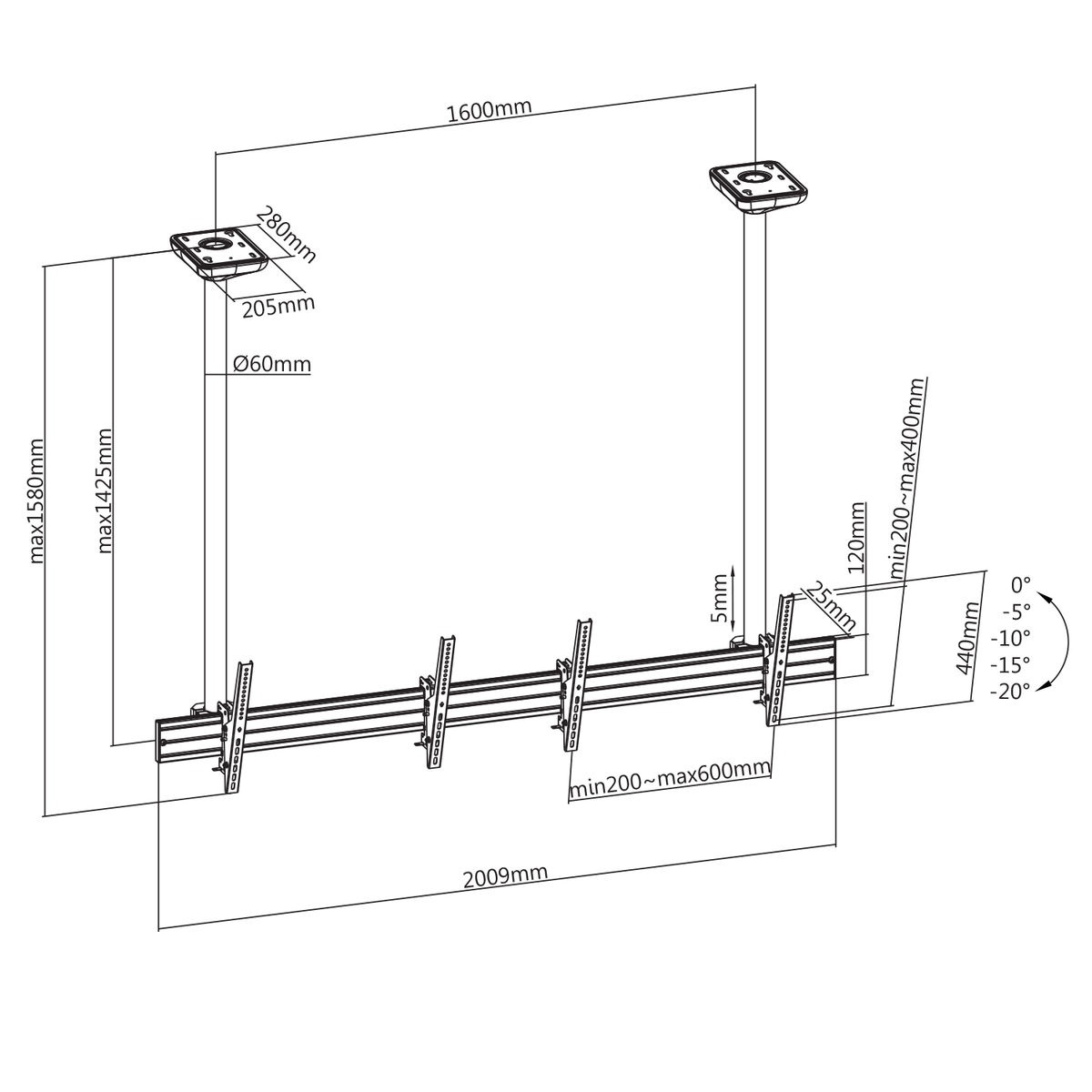 Diagrama de un sistema de montaje con medidas. Blanco y negro, para múltiples pantallas.