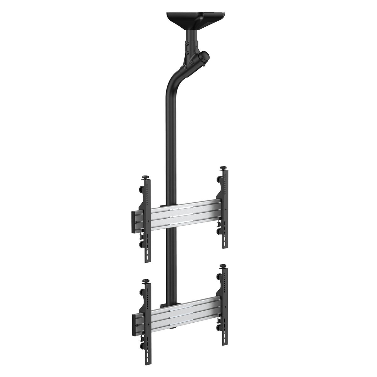 Soporte de techo negro para un televisor. Tiene dos placas metálicas para sujetar el televisor.