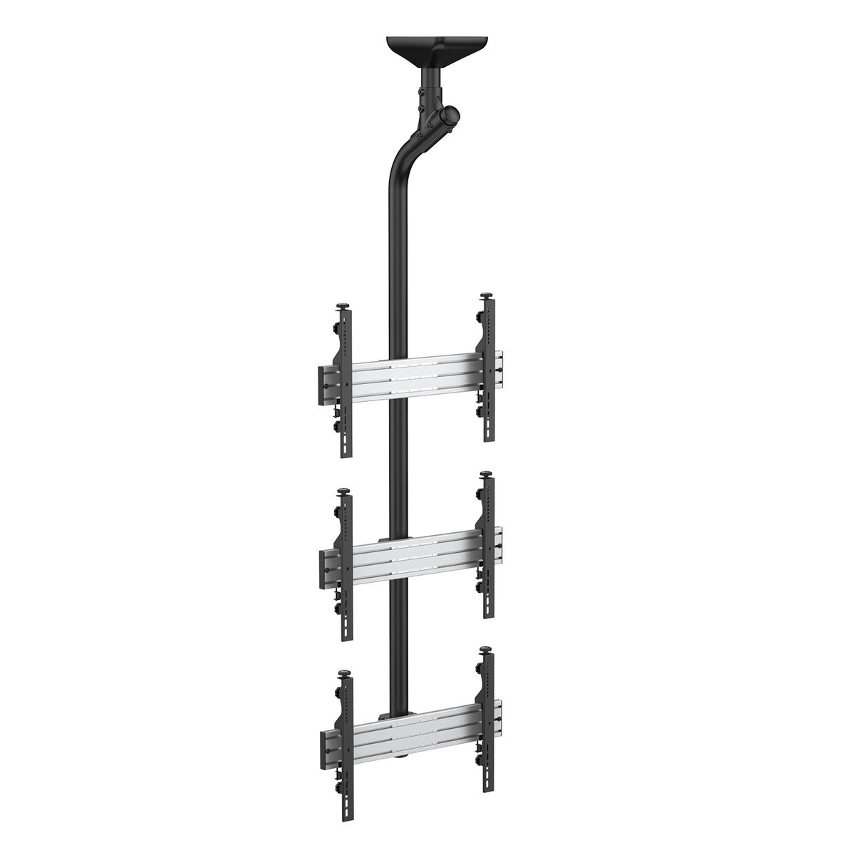 Un soporte de techo negro para tres monitores, con un brazo curvo y soportes ajustables.
