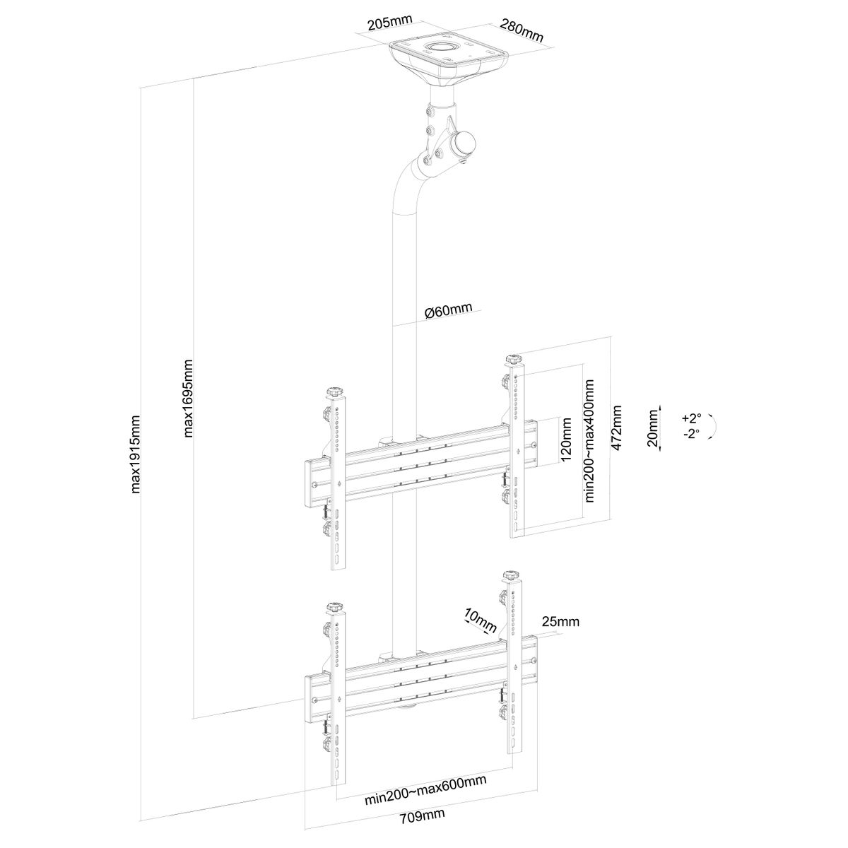 Diagrama de un soporte de proyector. Incluye dimensiones y detalles de montaje.