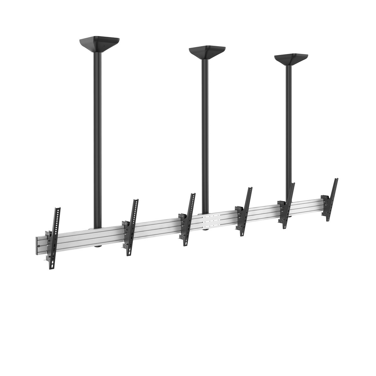Tres postes verticales negros que sostienen una estructura horizontal plateada con pantallas montadas.