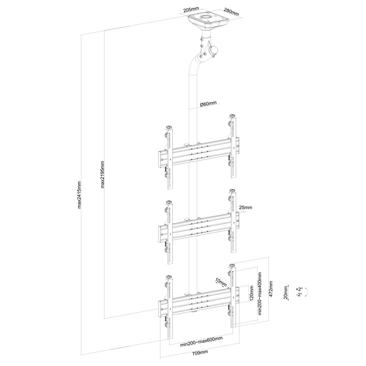 Dibujo técnico de un soporte de techo para pantalla con dimensiones y medidas.