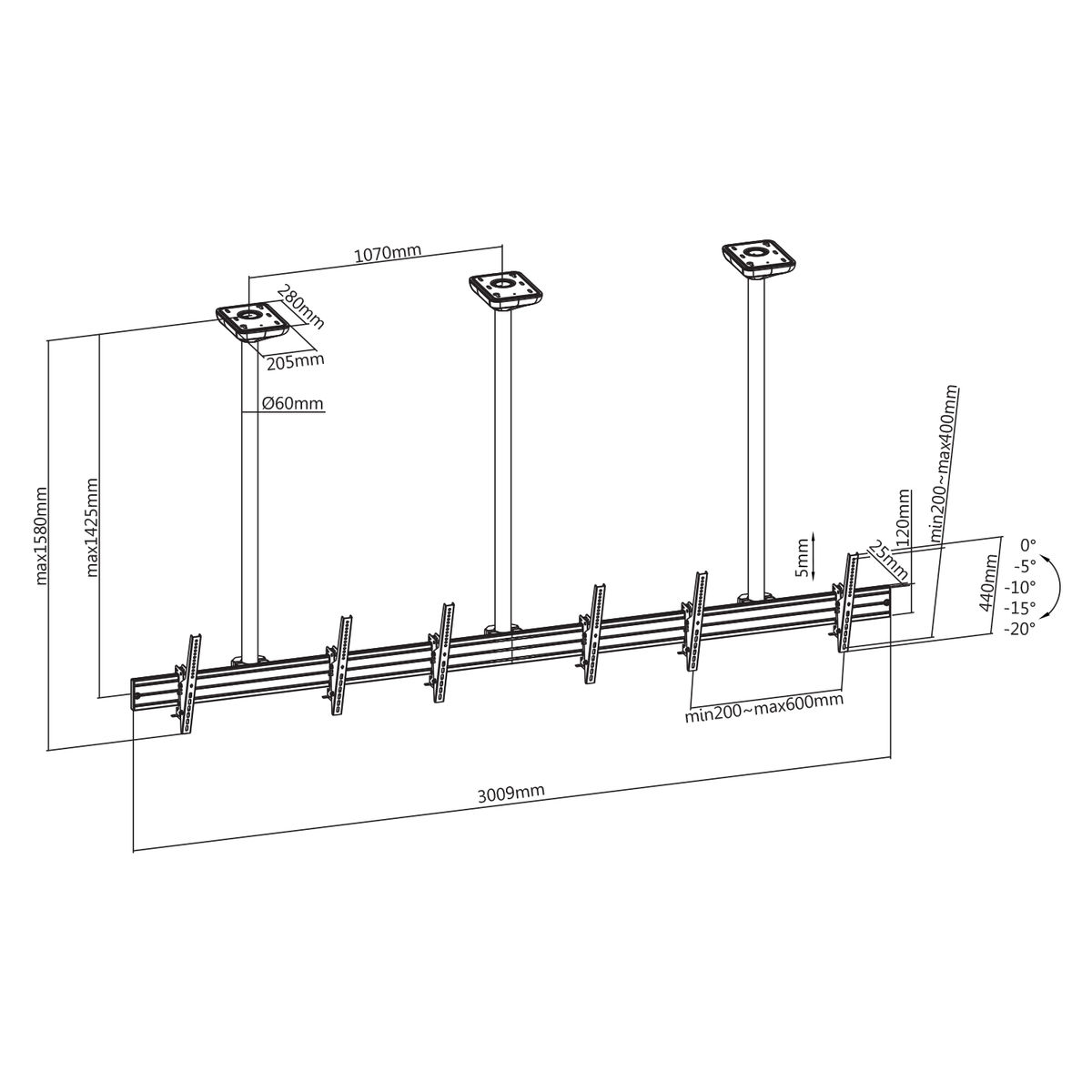 Un diagramma di più staffe TV a soffitto, con dimensioni e angoli mostrati.