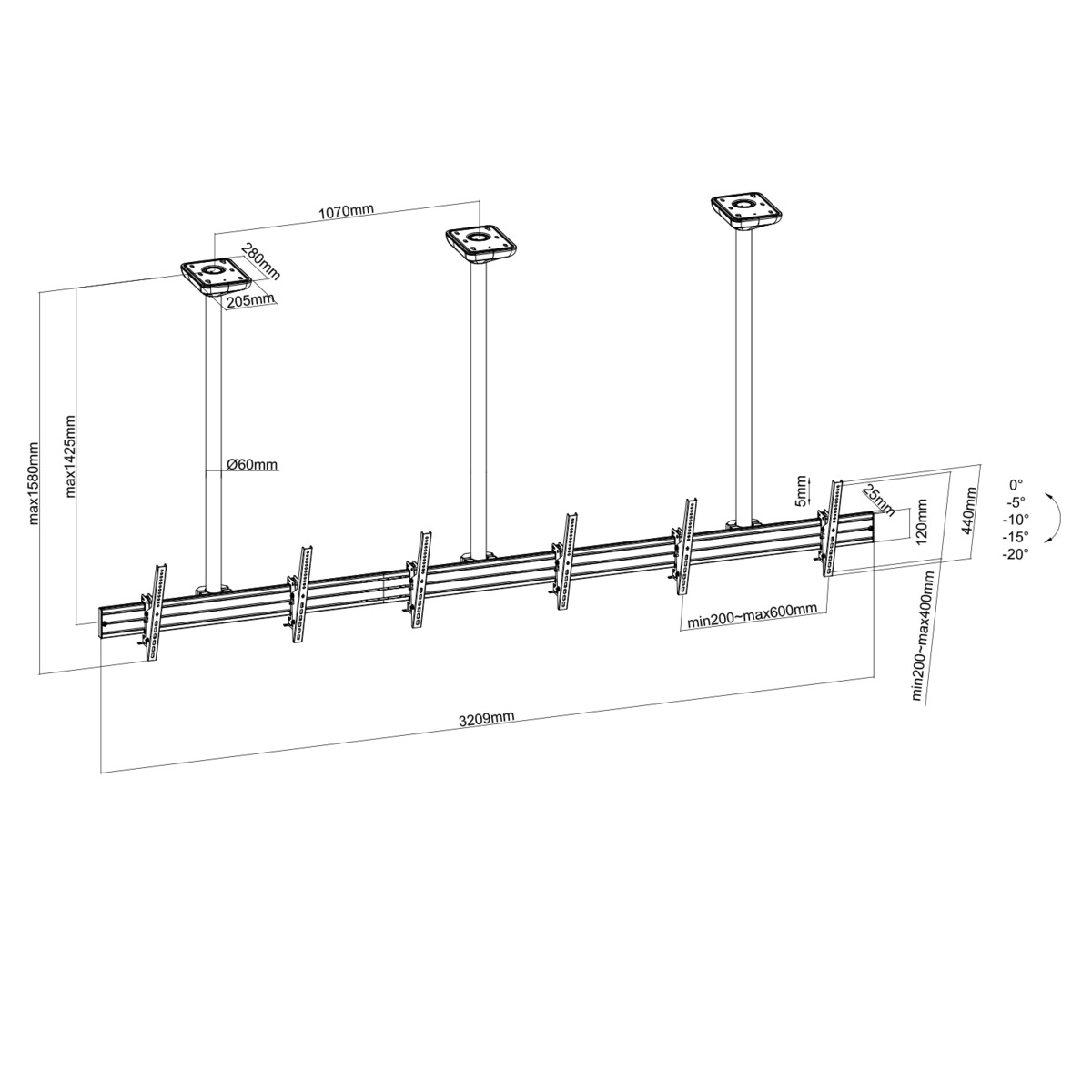 Dibujo técnico de un sistema de iluminación. Muestra dimensiones y ángulos para el montaje.