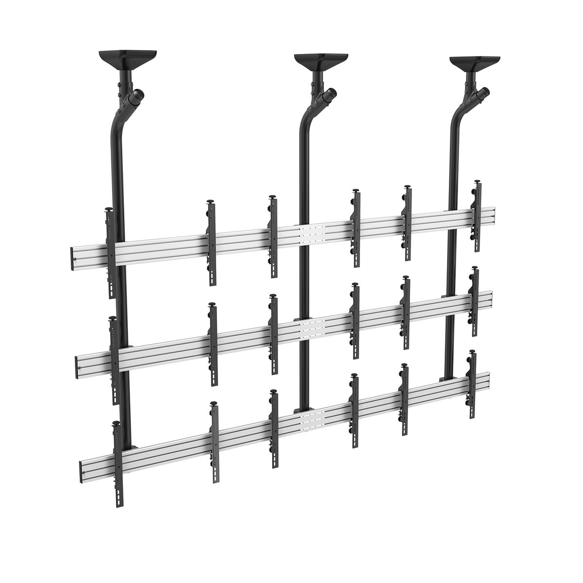 Più display montati su un telaio metallico a soffitto. Sfondo bianco.