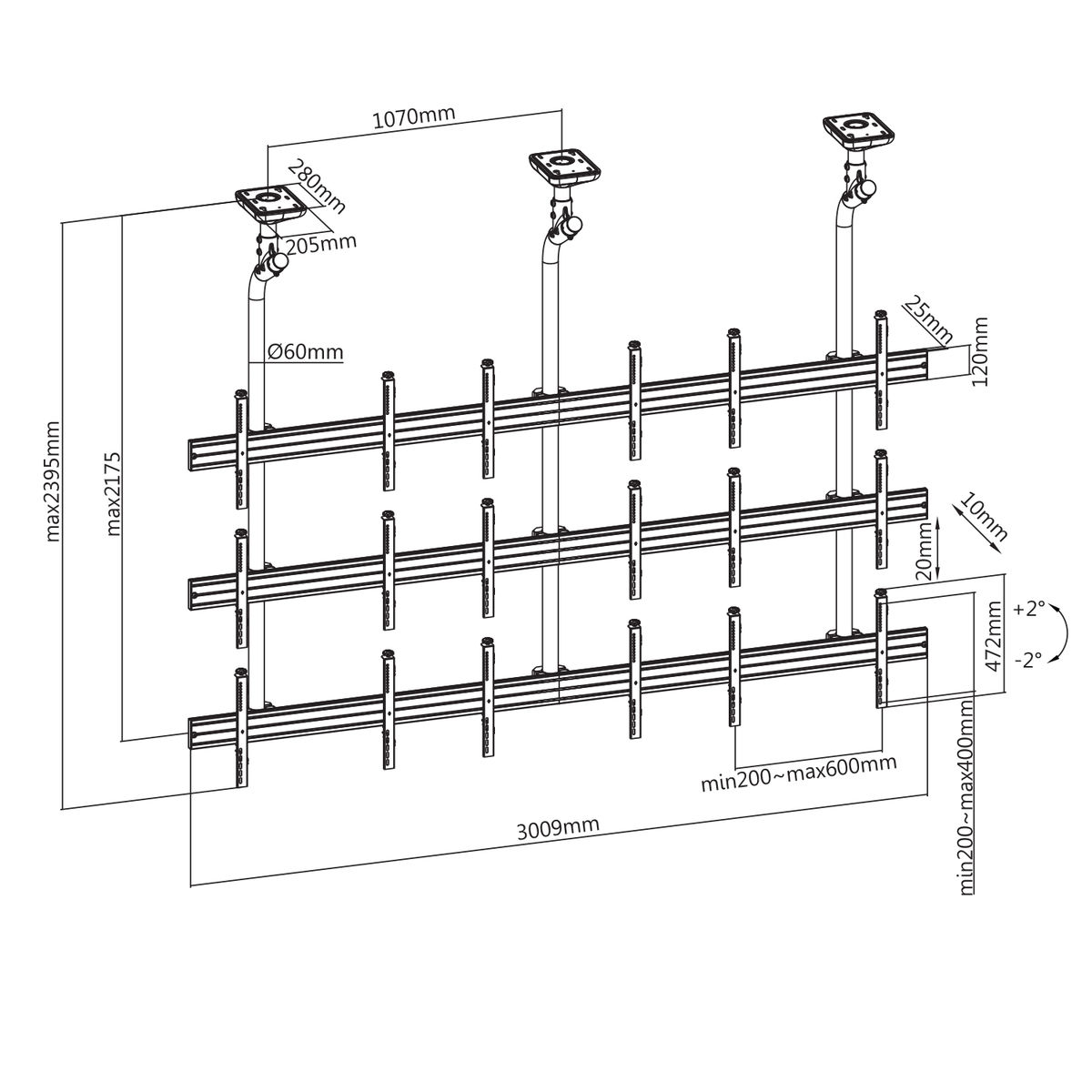 Dibujo técnico de un sistema de montaje de pantalla con medidas y dimensiones en blanco.