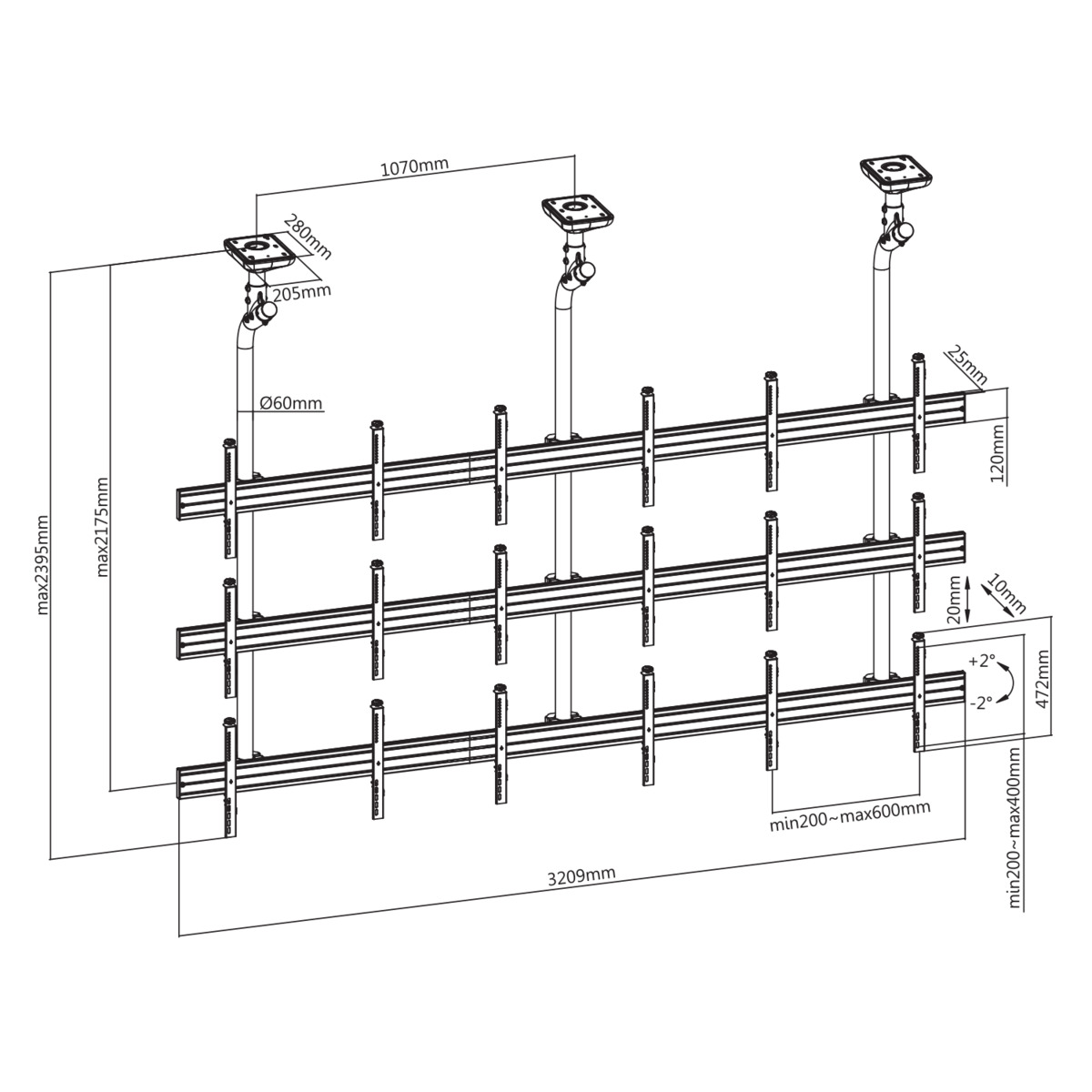Disegno tecnico di tre supporti a soffitto per schermi. Mostra dimensioni e dettagli di montaggio.
