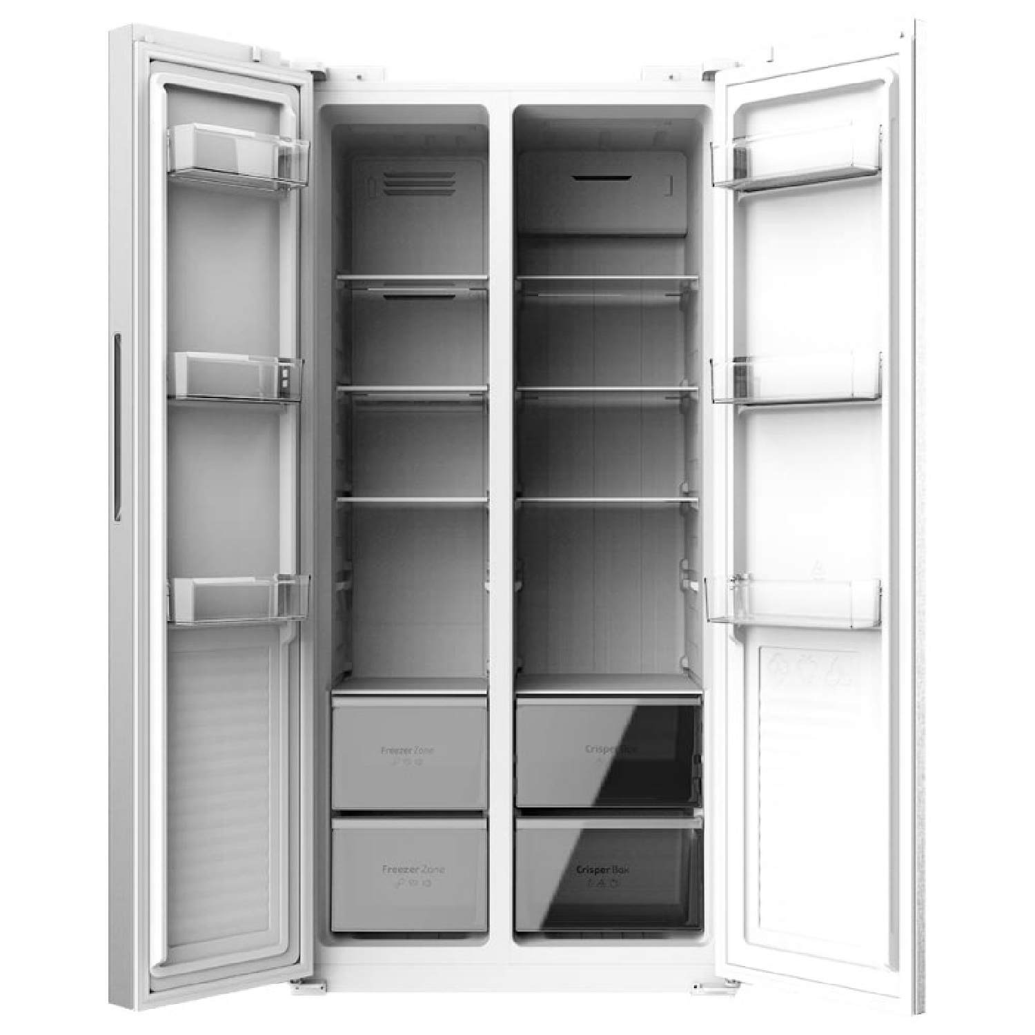 Otwarta biała lodówka z półkami i szufladami. Strefa zamrażarki, szuflada na warzywa, zbliżenie.