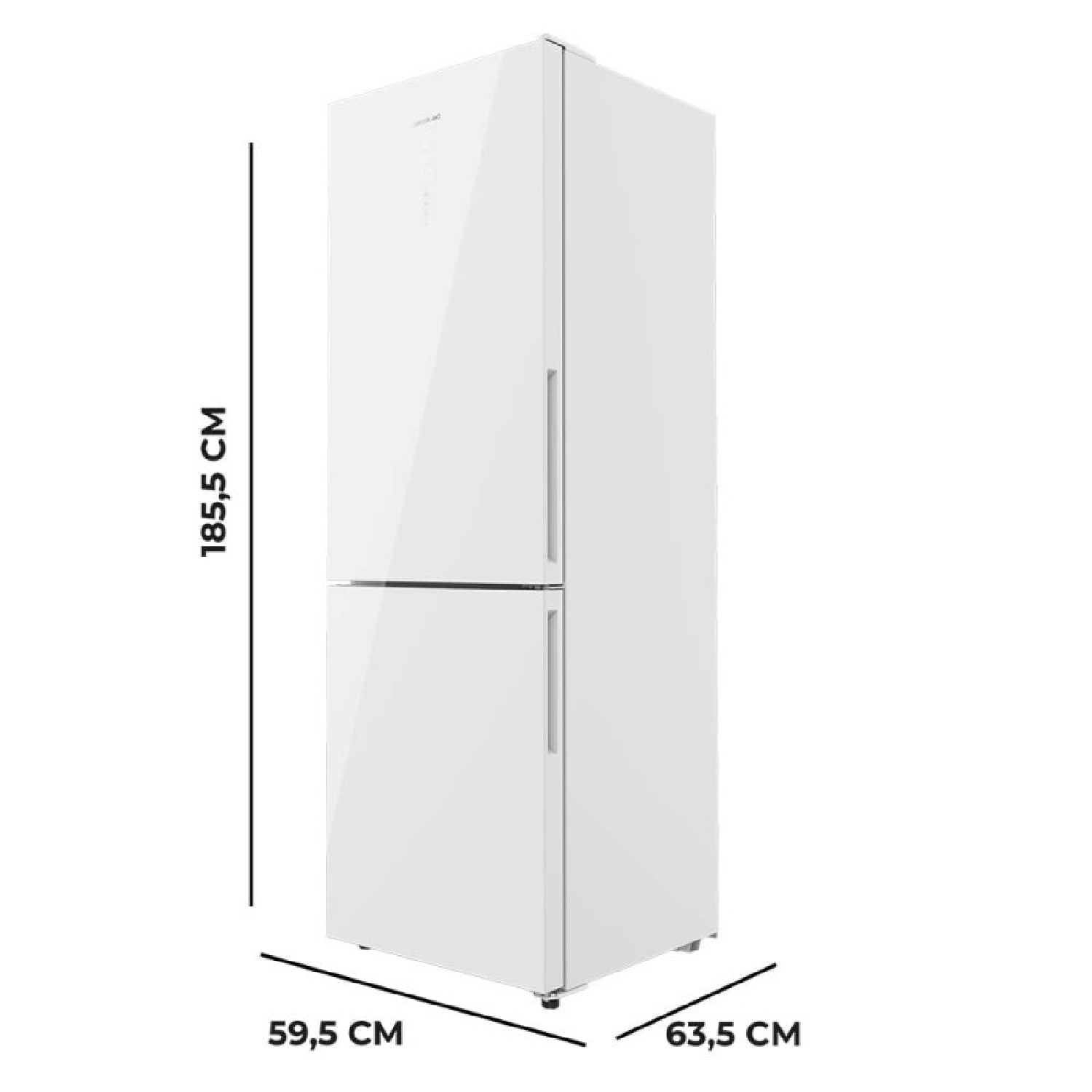 Un refrigerador blanco con dos puertas, dimensiones mostradas en el lateral.