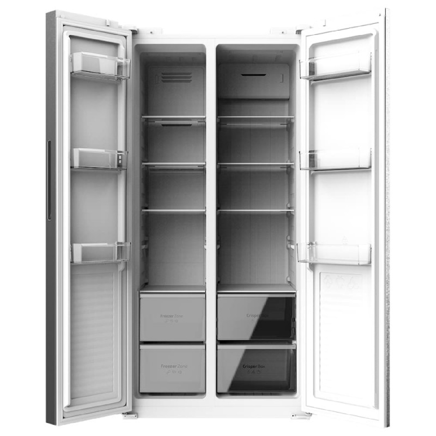 Un refrigerador abierto con estantes, cajones y objetos dentro.