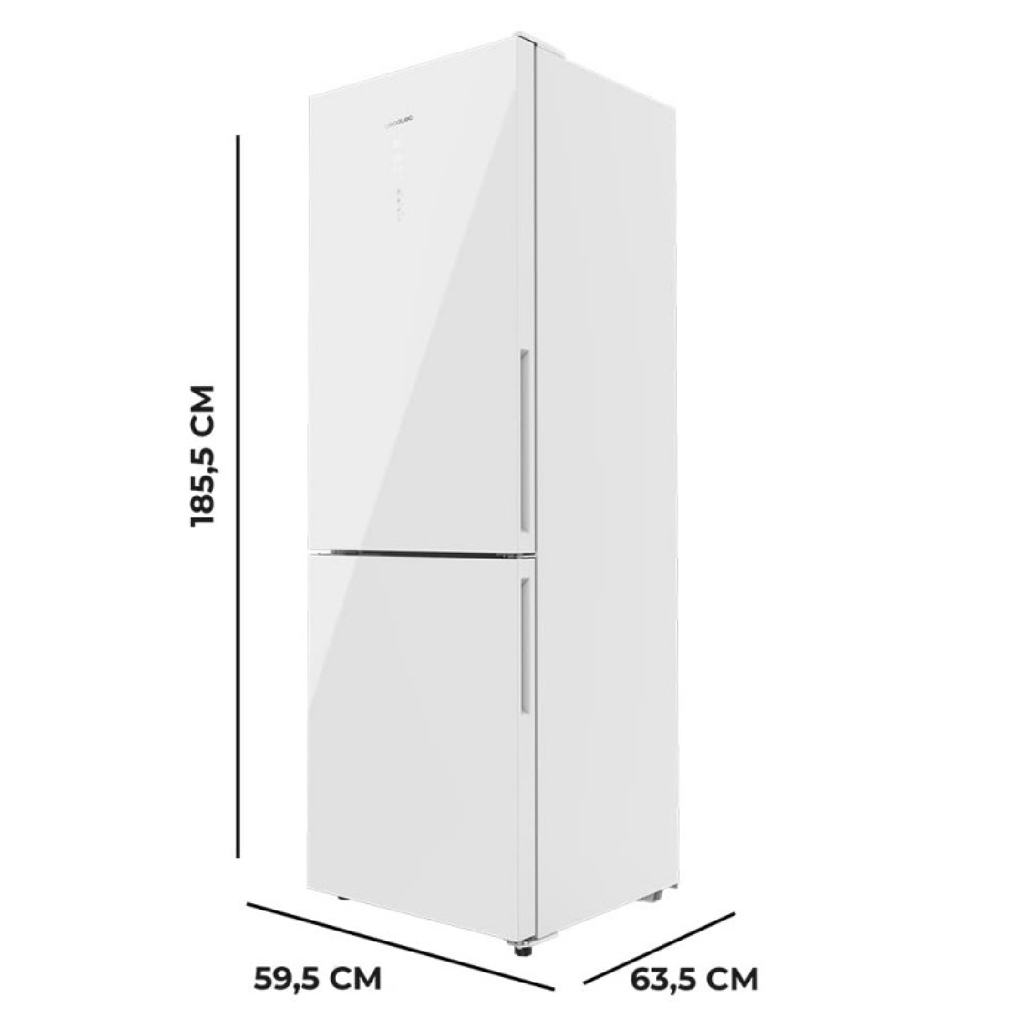 Refrigerador blanco de dos puertas. Dimensiones 185,5 cm alto, 59,5 cm ancho y 63,5 cm profundidad.