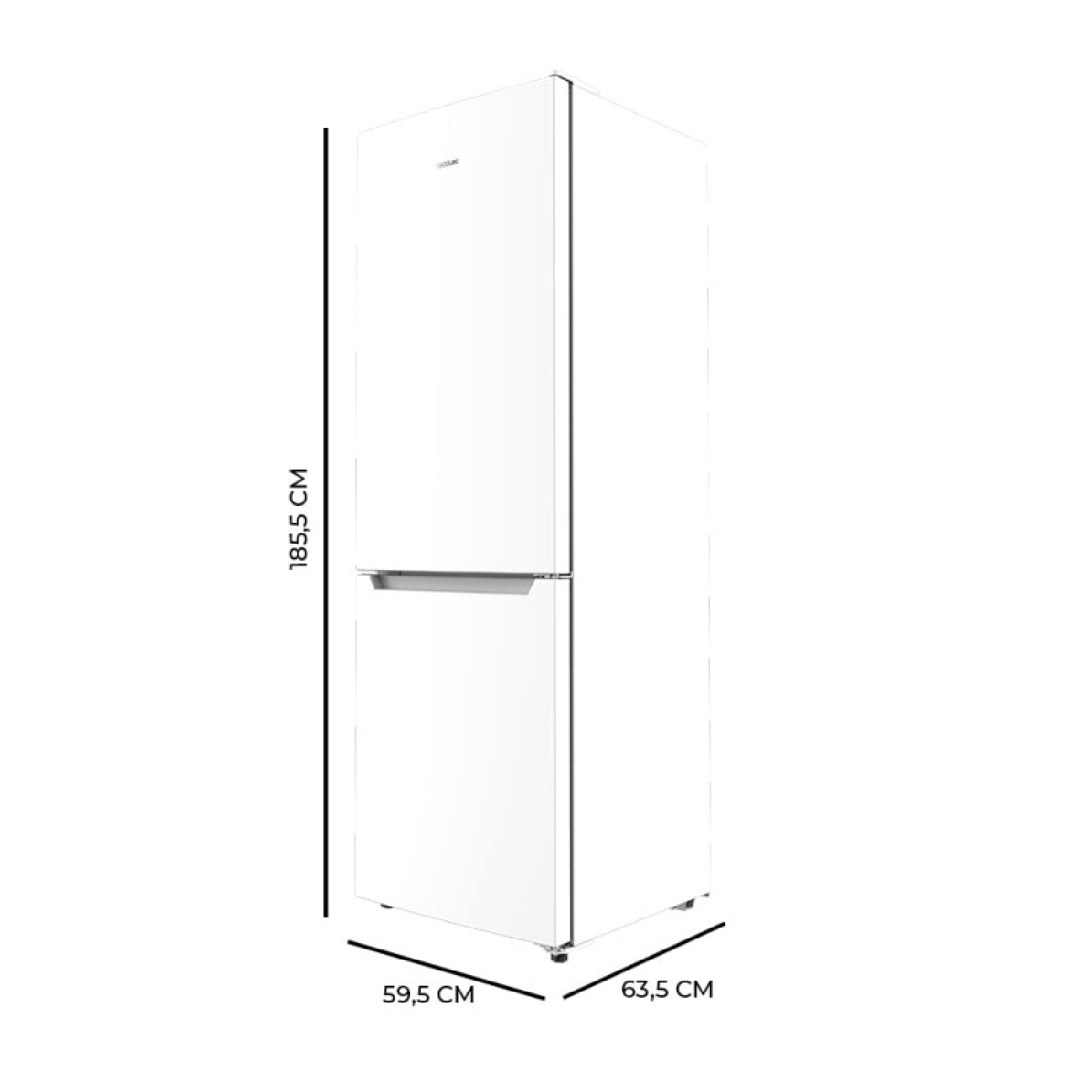 Biała lodówka o wymiarach 185,5 cm wysokości, 59,5 cm szerokości i 63,5 cm głębokości.