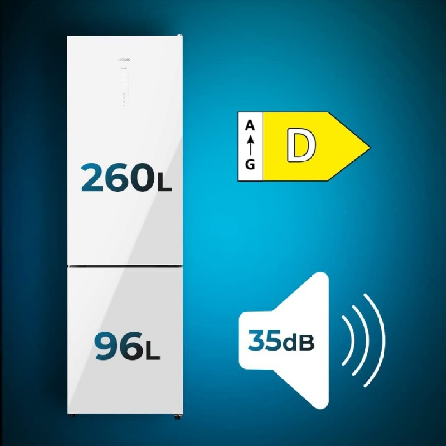 Biała lodówka o pojemności 260L i 96L, klasa energetyczna D i poziom hałasu 35dB.