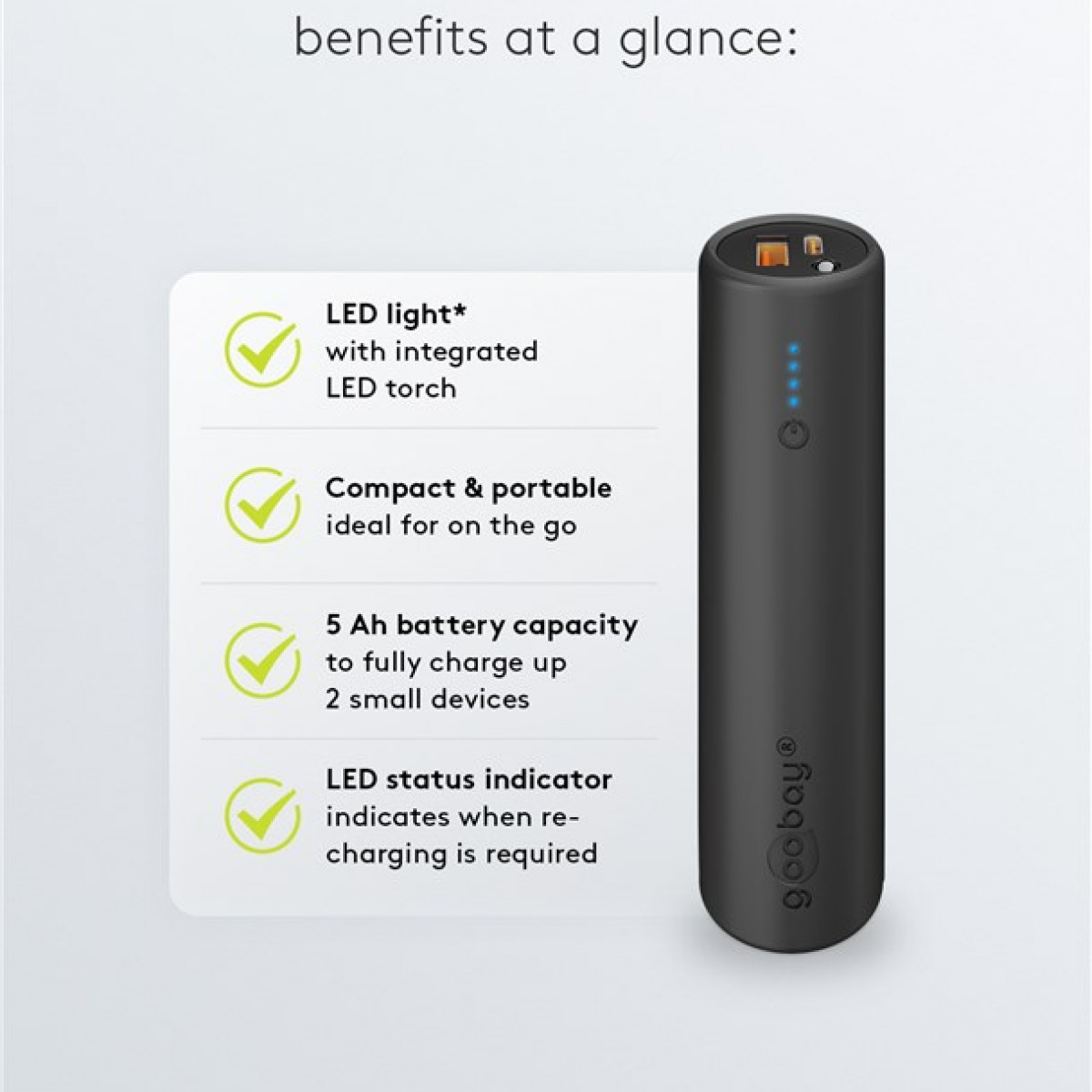 Schwarze Powerbank mit Text und Häkchen.