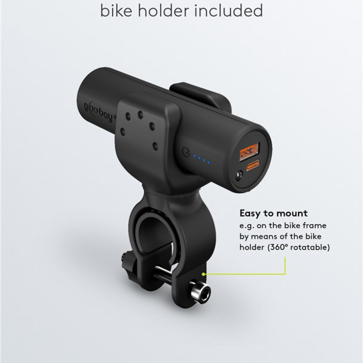 Accesorio para bicicleta negro, con puertos USB y soporte para bicicleta.