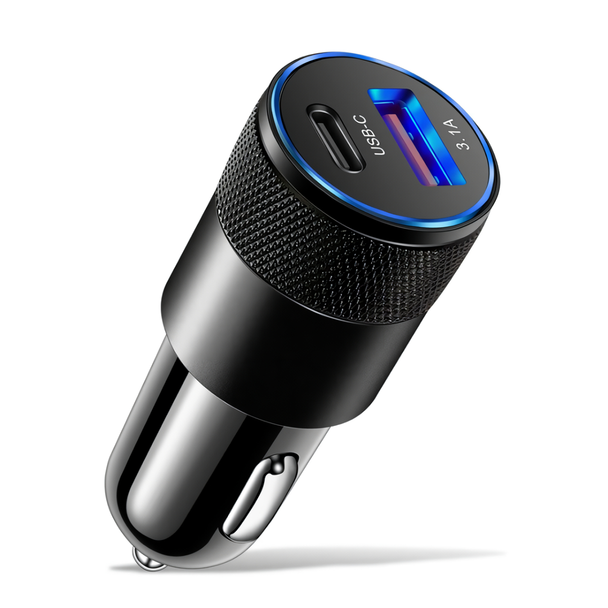 Cargador de coche USB-C negro y azul, acabado brillante, con puerto USB-C visible.