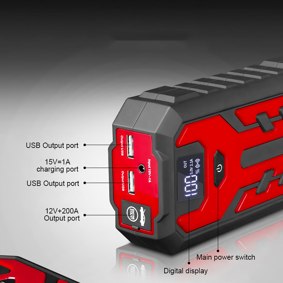 Primer plano de un banco de energía portátil rojo y negro con puertos USB, pantalla digital e interruptor de encendido.
