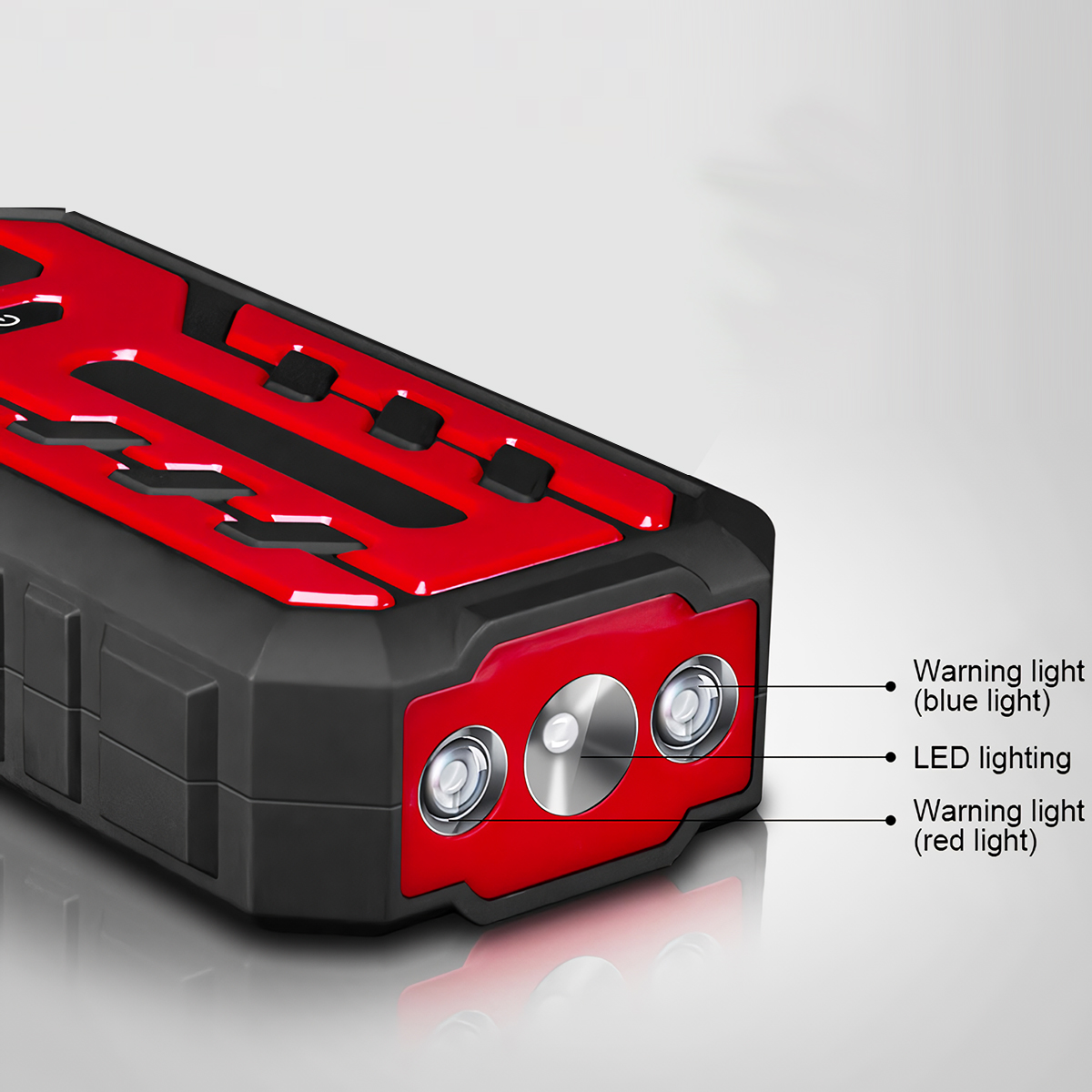Un dispositivo rojo y negro con luces de advertencia. Tiene las palabras 'Luz de advertencia' e 'Iluminación LED'.