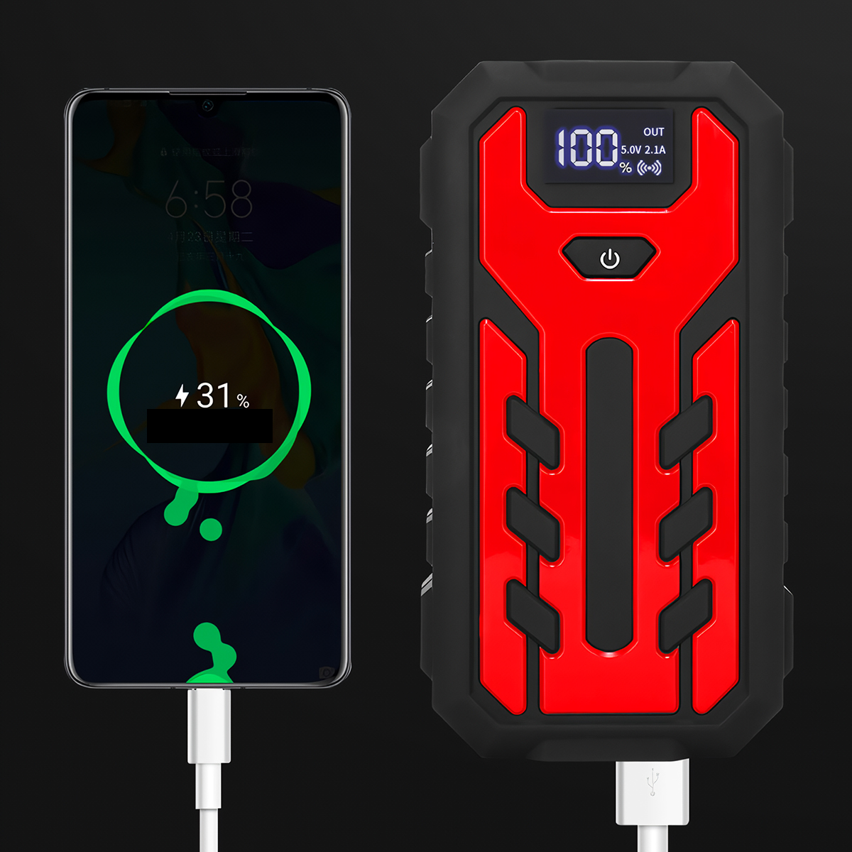 Un teléfono inteligente cargando con un 31% de batería, junto a un arrancador rojo y negro.