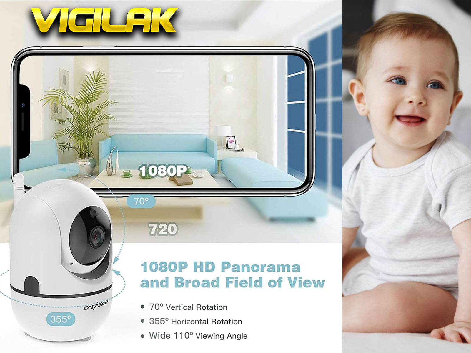 Un bebé sonríe junto a una cámara de vigilancia. La cámara tiene un panorama HD de 1080P y una vista amplia.
