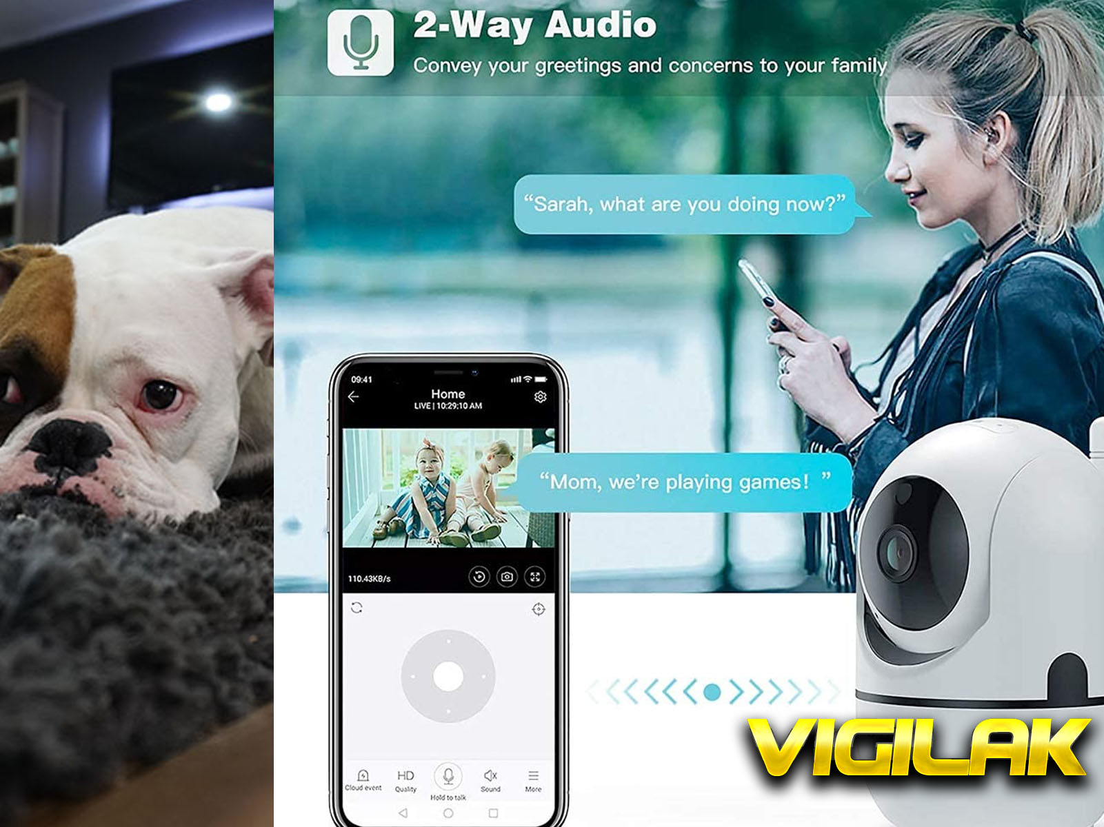 Configuración de cámara de seguridad en pantalla de teléfono, perro a la izq. y mujer a la derecha.