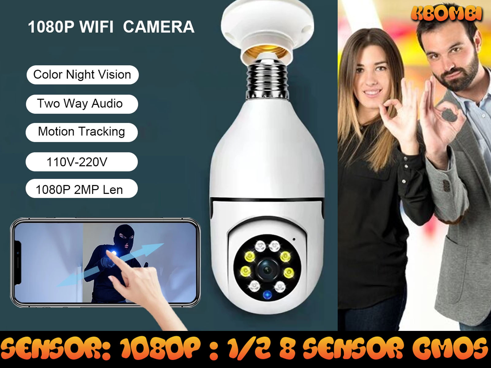 Una cámara de seguridad con forma de bombilla, con una mujer y un hombre sonriendo. Se muestra texto sobre funciones.