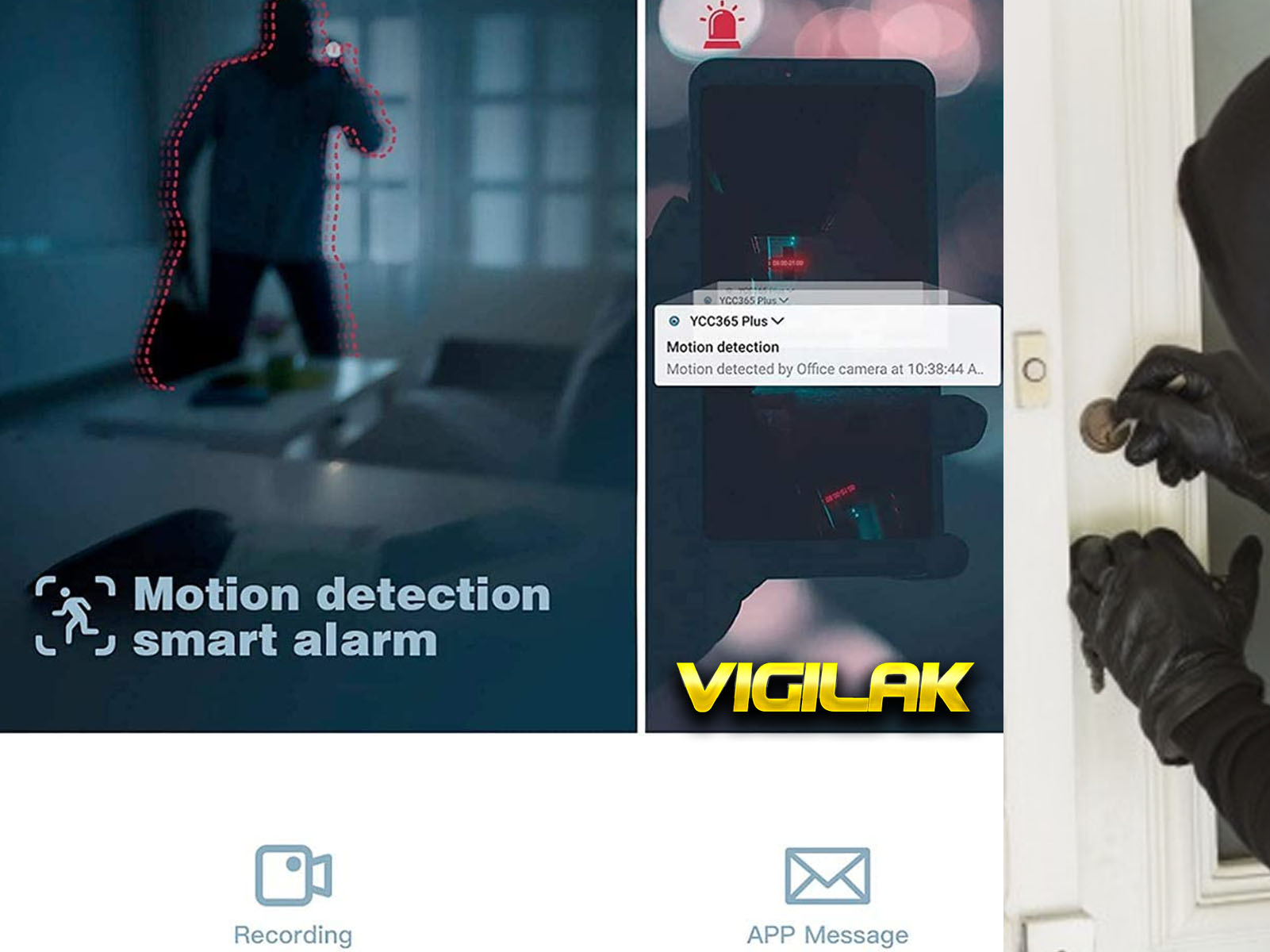 Sistema de seguridad con detección de movimiento, con un ladrón en la puerta.