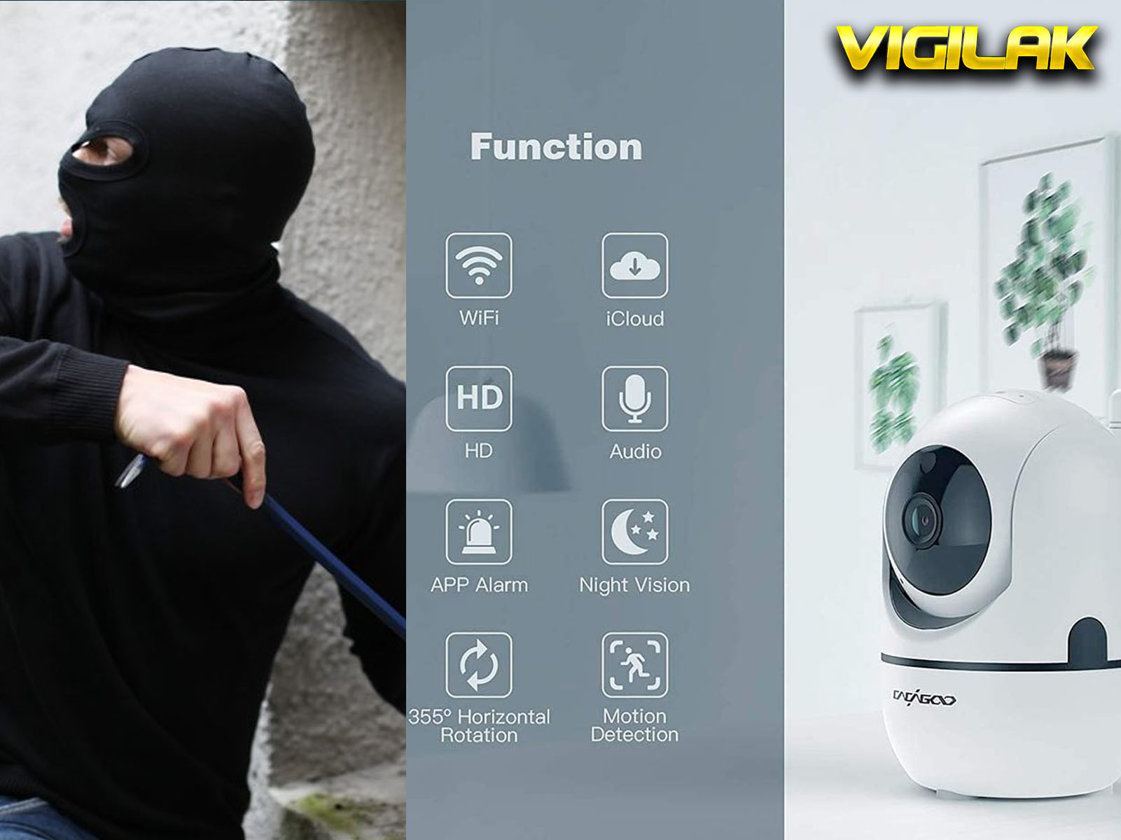 Cámara de seguridad con iconos de funciones, un ladrón y el logotipo de Vigilak sobre fondo blanco.